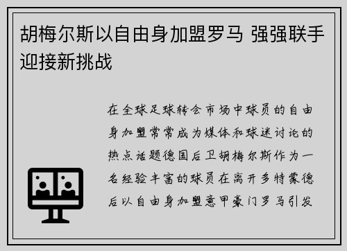 胡梅尔斯以自由身加盟罗马 强强联手迎接新挑战 胡梅尔斯以自由身加盟罗马 强强联手迎接新挑战
