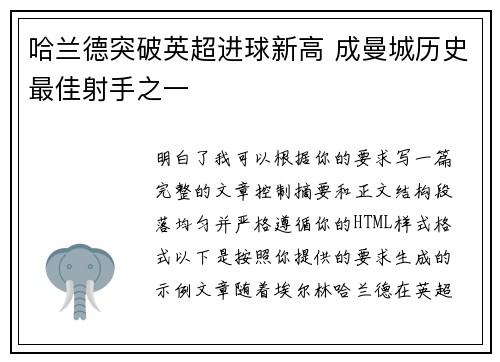 哈兰德突破英超进球新高 成曼城历史最佳射手之一